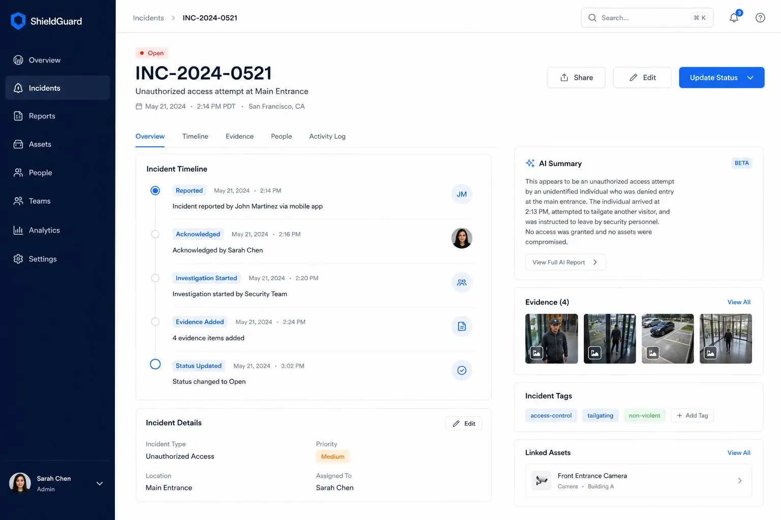 Call It Report dashboard preview showing an open incident with timeline, AI summary, and evidence
